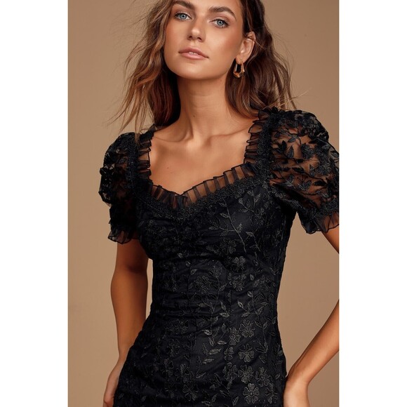 Lulus Dress Women XL Black Delightful Date Embroidered Ruffle Mini - Picture 3 of 13